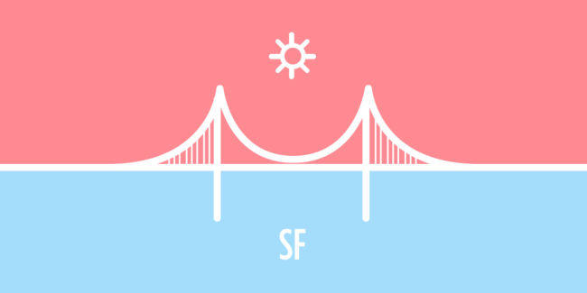 Pink and blue illustration of Golden Gate bridge