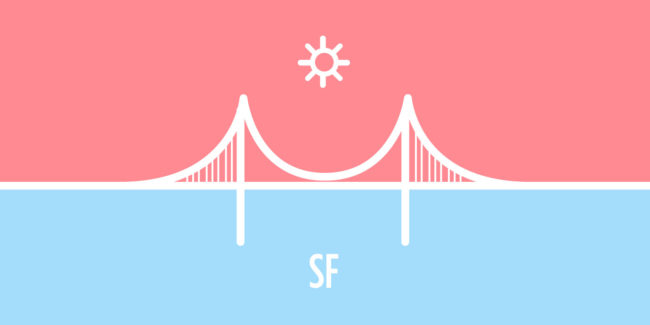 Pink and blue illustration of Golden Gate bridge