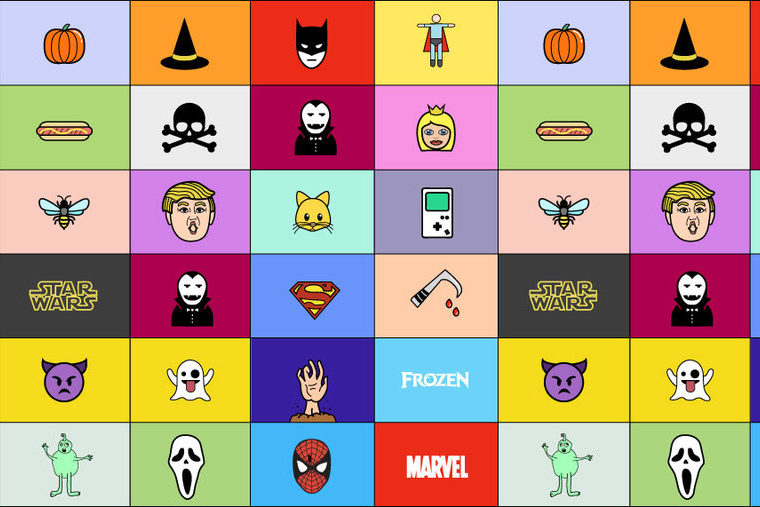 colorful grid of Halloween masks like Trump, batman, princesses, superman