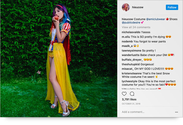 Instagram post from @hieucow dressed as Snow White showing off @PublicDesire shoes
