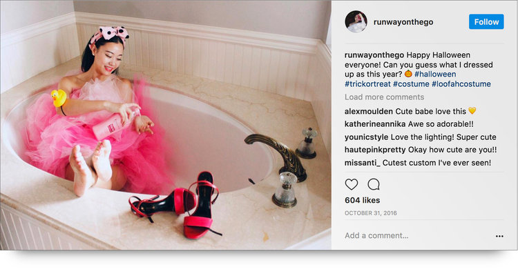 Instagram post from @runwayonthego dressed up as a pink loofah