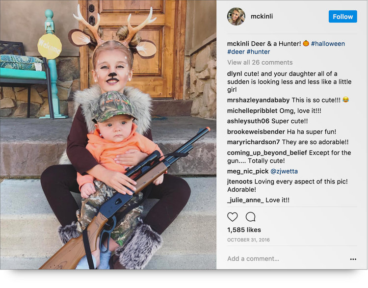 Instagram post from @mckinli dressed as a deer and baby holding a rifle
