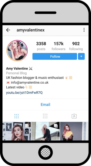 graphic of smartphone showing Instagram profile of @amyvalentinex