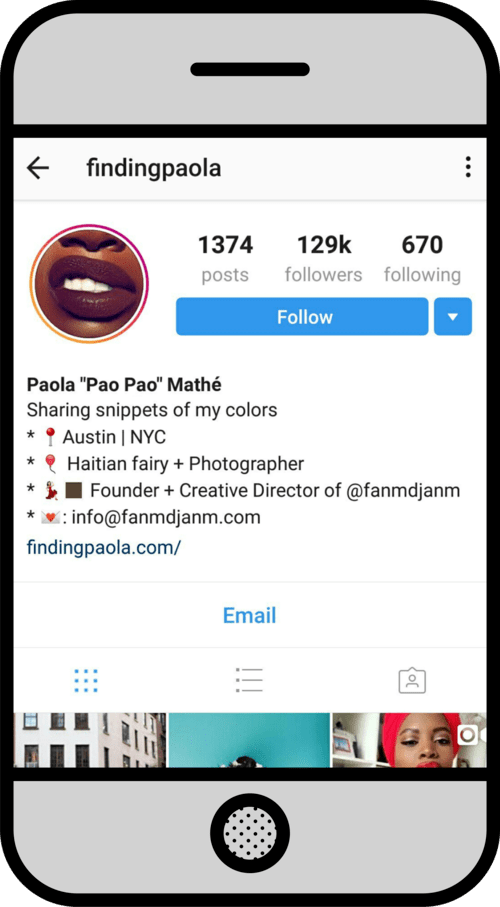 graphic of smartphone showing Instagram profile of @findingpaola 