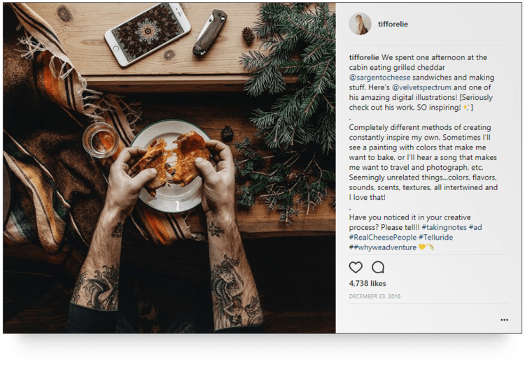 Instagram post from @tifforelie that shows a man's hands tearing a grilled cheese sandwich
