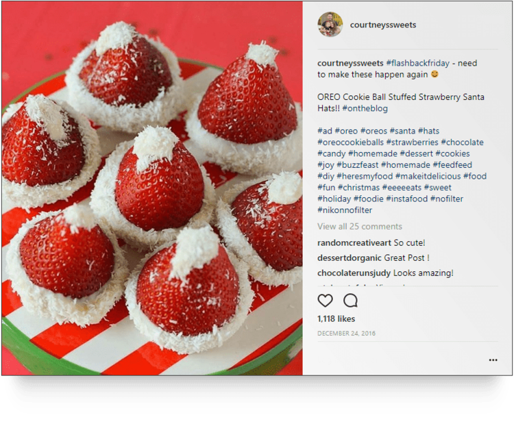 Instagram post from @courtneyssweets of Oreo Cookie Ball Stuffed Strawberry Santa Hats