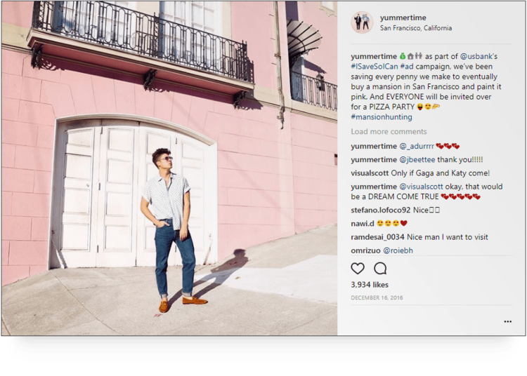 screenshot of Instagram post from Brock + Chris (@yummertime) published this sponsored post for US Bank’s #ISaveSoICan campaign.