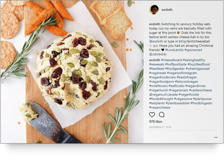 Instagram post from @Exsloth of holiday lentil cashew cheese ball - recipe