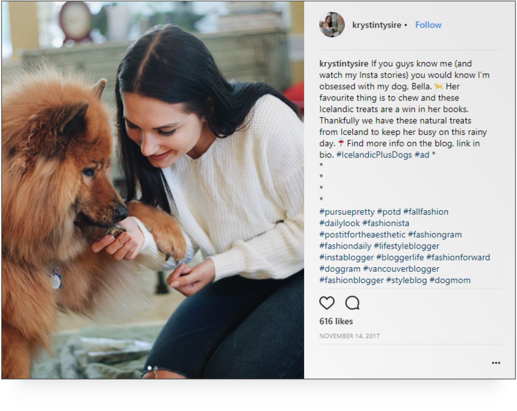 screenshot of Instagram post by fashion influencer @krystintysire  of her with dog Bella promoting Icelandic dog treat 