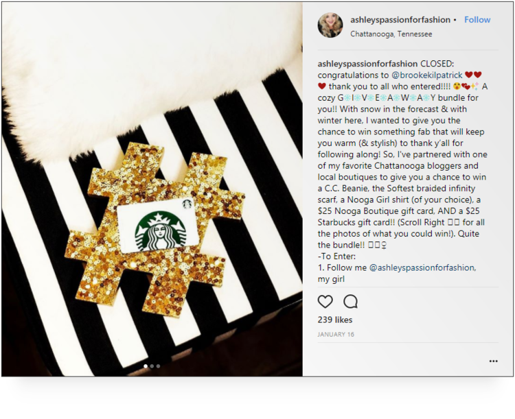 screenshot of Instagram post by fashion influencer @ashleyspassionforfashion  promoting contest giving away Starbucks card