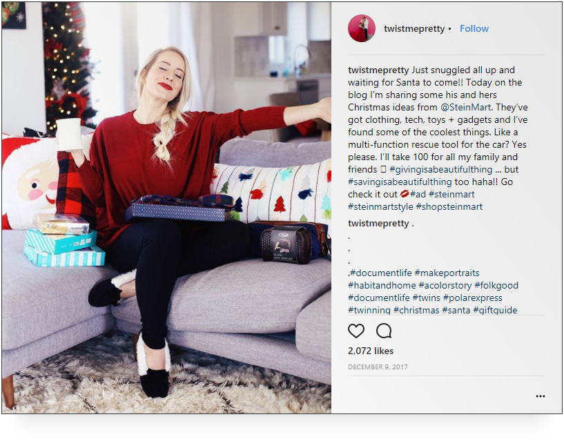 screenshot of Instagram post by fashion influencer @twistmepretty promoting Stein Mart 