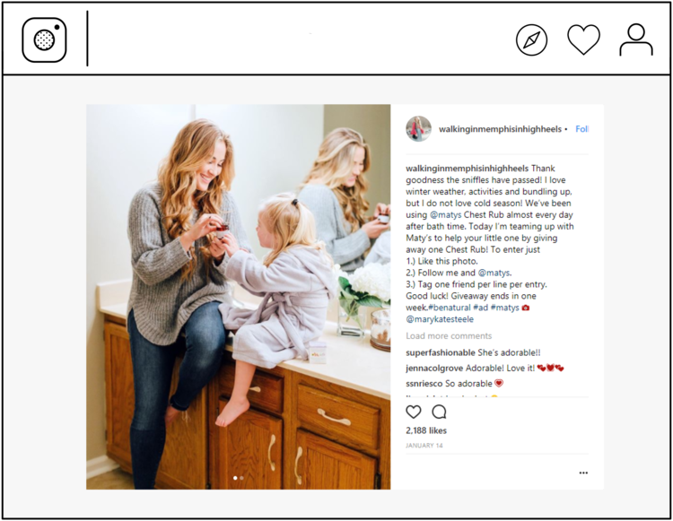 screenshot of Instagram post by fashion influencer @walkinginmemphisinhighheels of her helping her daughter recover from the sniffles with Matys Chest Rub