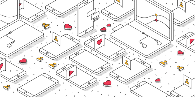 line illustration of social media engagement theme with red hears and yellow person icons