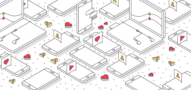 line illustration of social media engagement theme with red hears and yellow person icons
