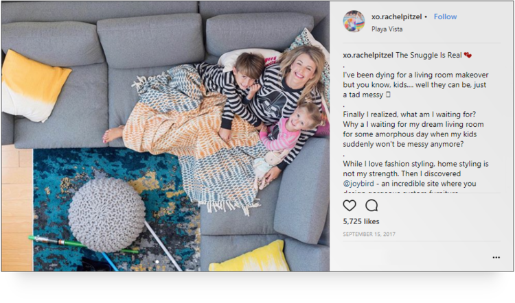 screenshot of Instagram post by fashion and travel influencer Rachel Pitzel of her and the kids on the couch for a joybird sponsored post