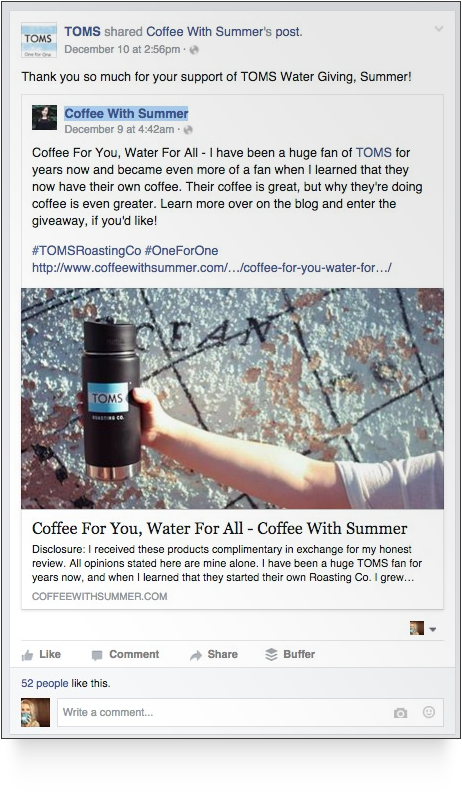 Influencer Coffee with Summer x TOMS Water Giving post facebook collab