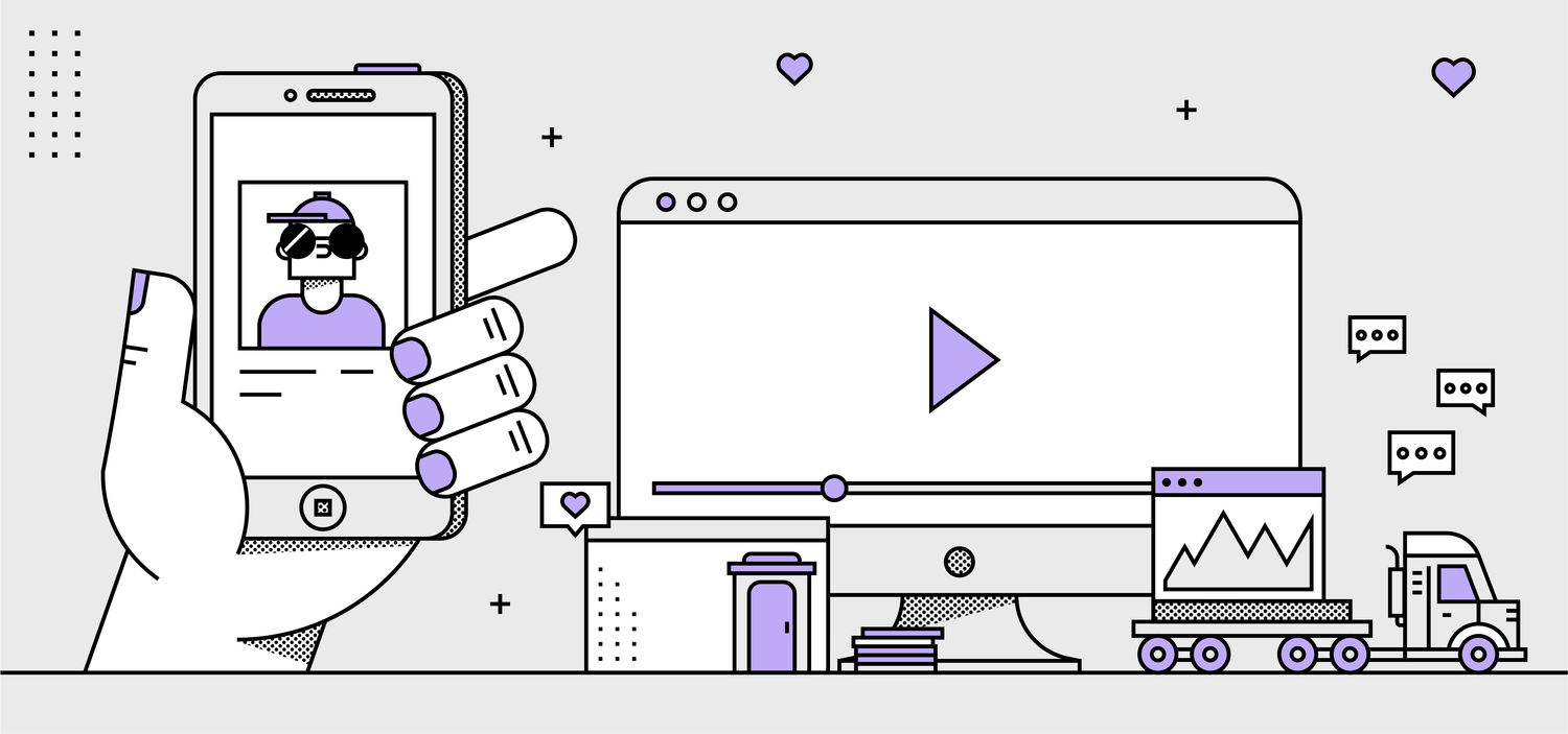 purple and black line drawing of a computer and a person holiding a phone