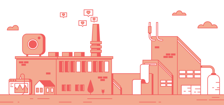 orange and white line drawing of Instagram icon on top of factory
