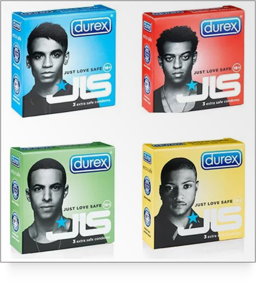  Pic featuring members of JLS on four colorful boxes of durex condoms - influencer marketing