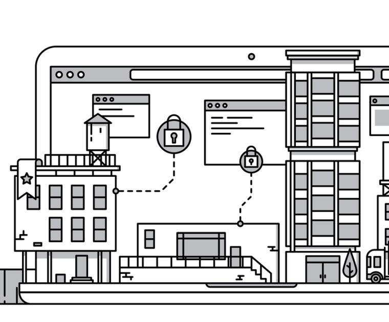 black and white line drawing of factory on a laptop screen