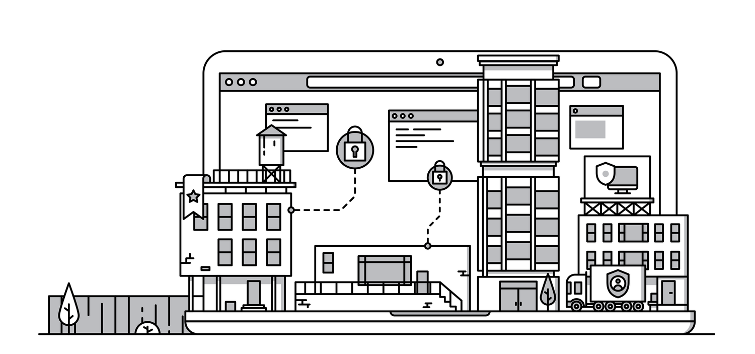 black and white line drawing of factory on a laptop screen