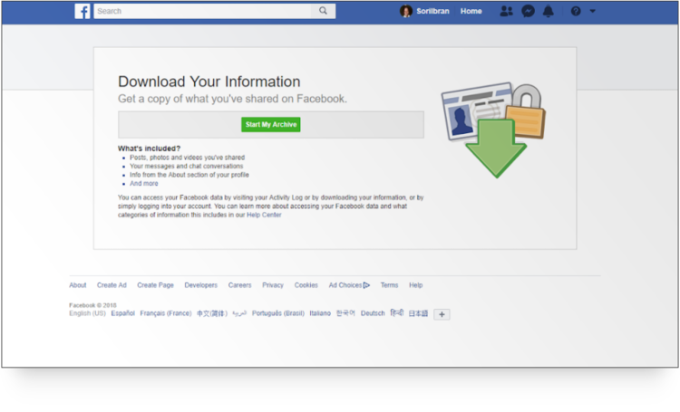 Screenshot of Facebook's option to download your information