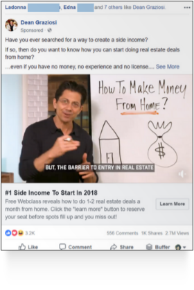 Screengrab of Dean Graziosi teaching about real estate on FB with a whiteboard