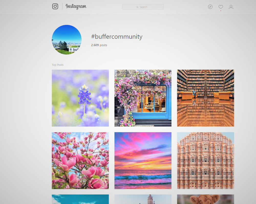 screengrab of #Buffercommunity hashtag page on Instagram full of UGC