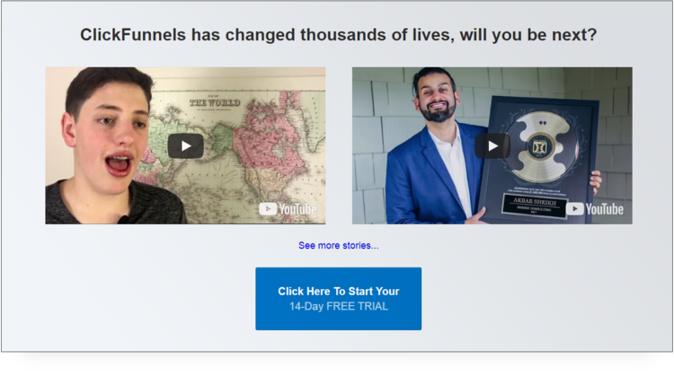 Screengrab of Click Funnels users - a teenage boy and a young man in a blue suit 