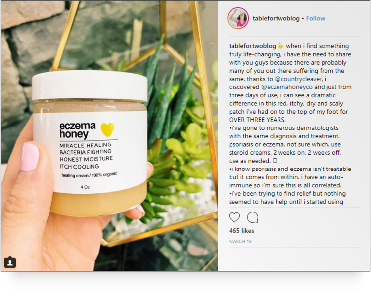 screenshot of Instagram post from @tablefortwoblog talking up eczema honey
