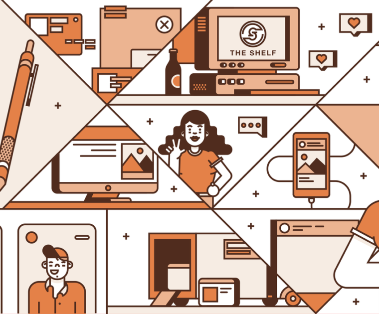 orange and brown line illustration of different people and devices
