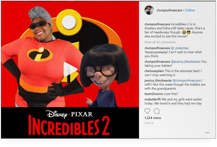 screenshot of IG sponsored post from @clumpsofmascara promoting Incredibles 2