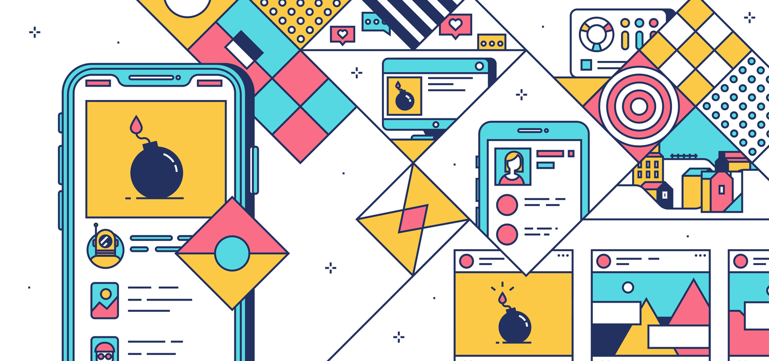 colorful line illustration of phones and graphics