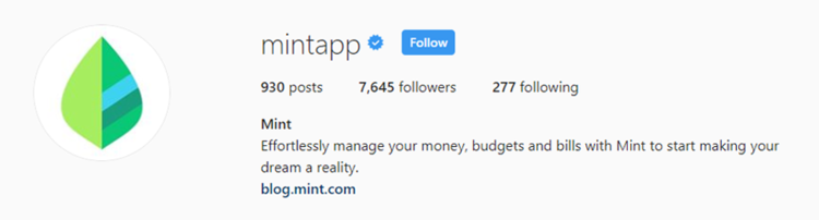 screenshot of Instagram profile header for Mint app