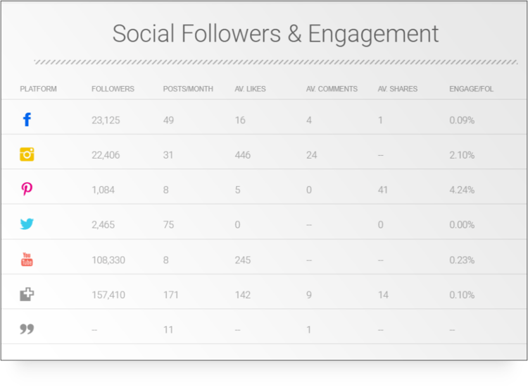 The Shelf platform showing social media follower and engagement metrics for a single social media user 