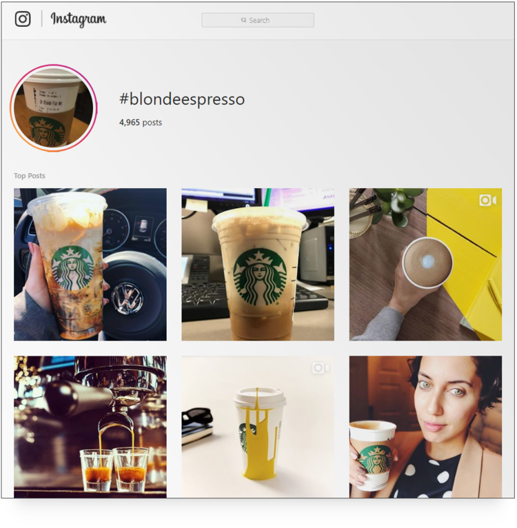 screenshot of Starbucks #blondeespresso hashtag archive page on Instagram