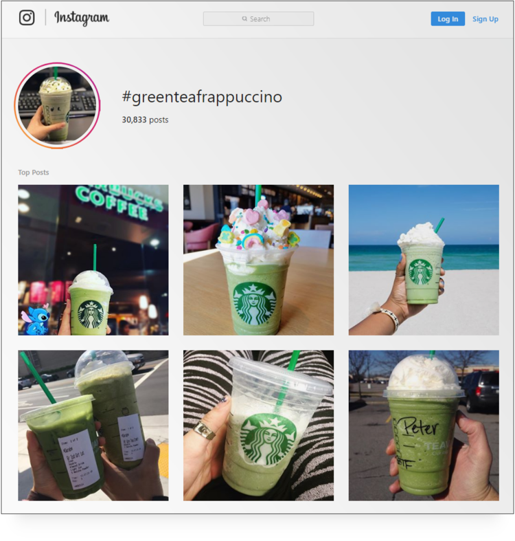 screenshot of Starbucks #greenteafrappuccio hashtag archive page on Instagram Title: THE 5 BIG 