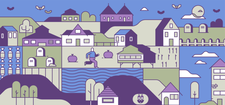 purple and green line illustration of creepy town with cemetary