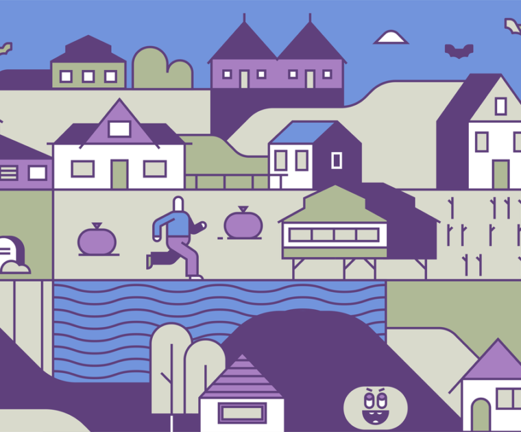 purple and green line illustration of creepy town with cemetary