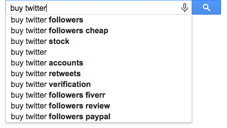 Screenshot of Google prompts related to buy twitter followers