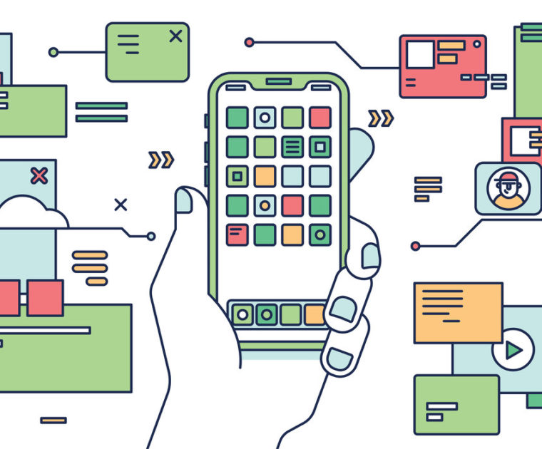 Line illustration of someone holding a cell phone