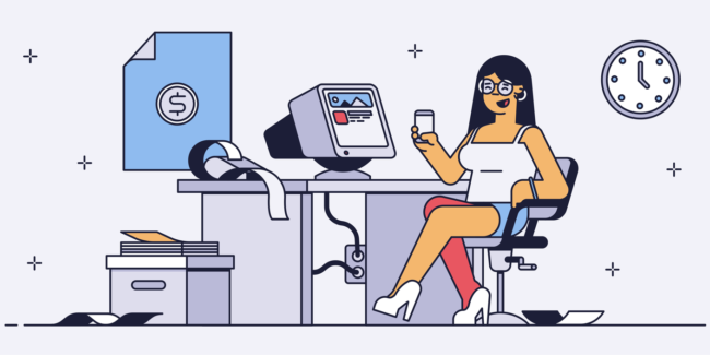 colorful line drawing of woman sitting at desk in glasses and a skirt holding a phone
