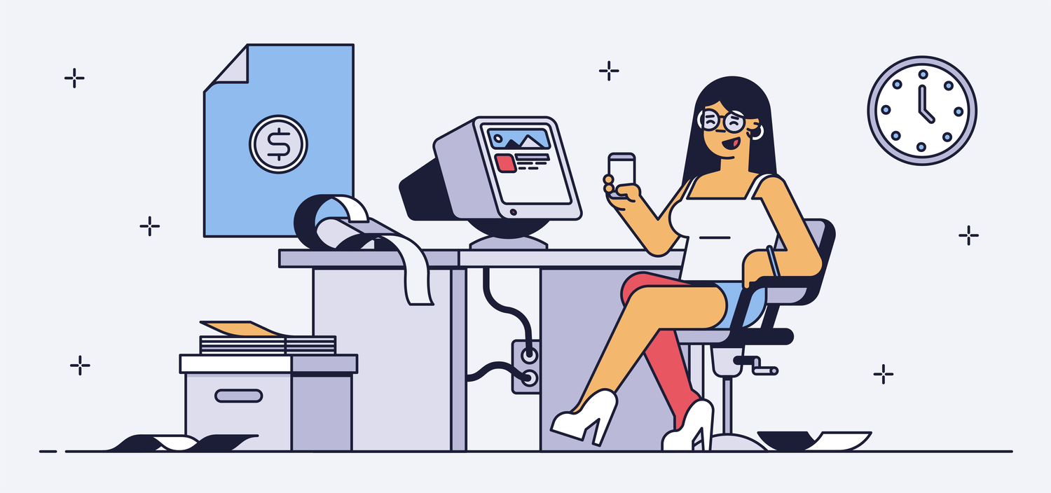 colorful line drawing of woman sitting at desk in glasses and a skirt holding a phone