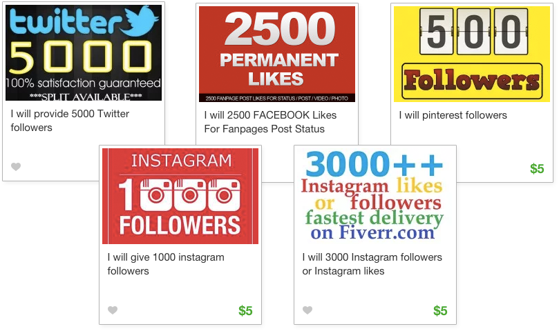 Fiverr collage of different gigs selling likes, follows and other social proof