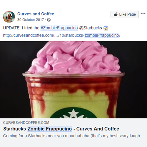 Facebook post from @CurvesAndCoffee of Starbucks Zombie frap