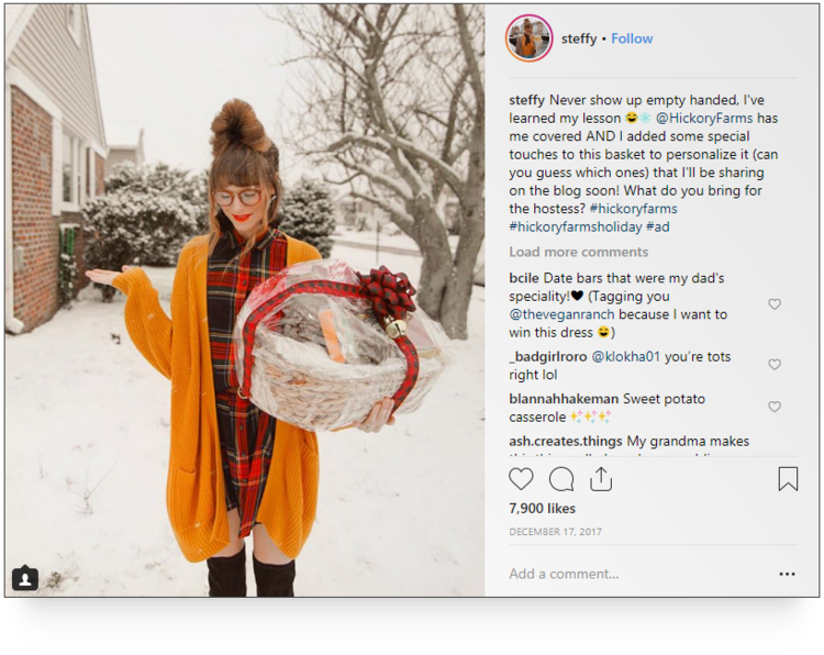 Screenshot of post  from @Steffy in a sponsored post for #hickoryfarmsholiday on Instagram