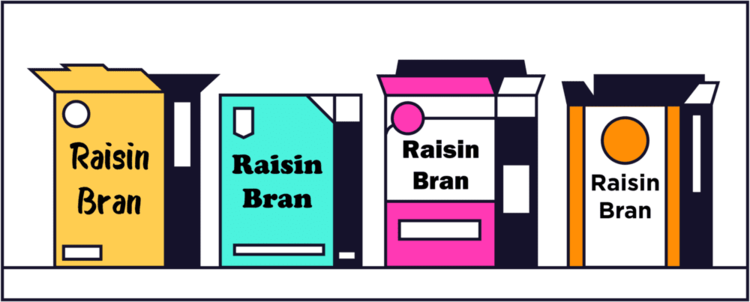 An infographic image displaying 4 coloured carton box which reads Raisin Bran.