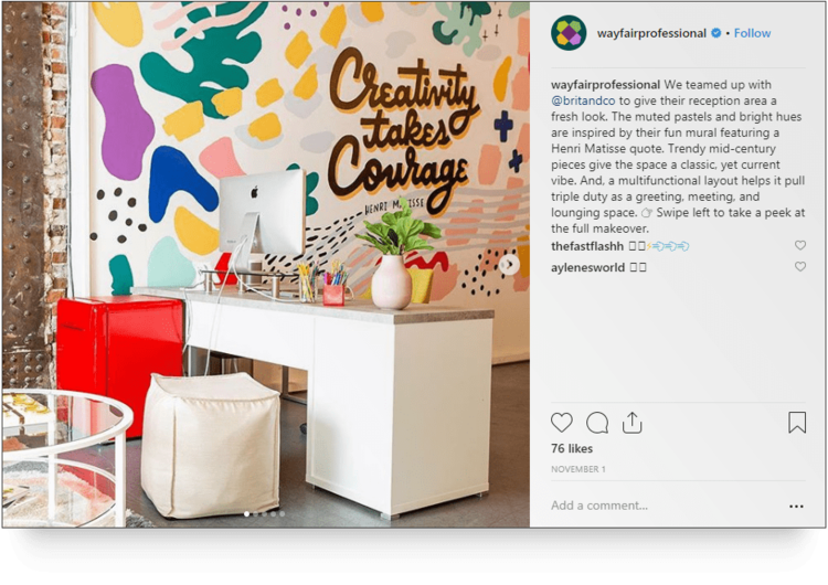 Screenshot of post by  Wayfair Professional account on Instagram.