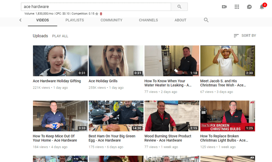 Screengrab of search result Ace Hardware on YouTube.