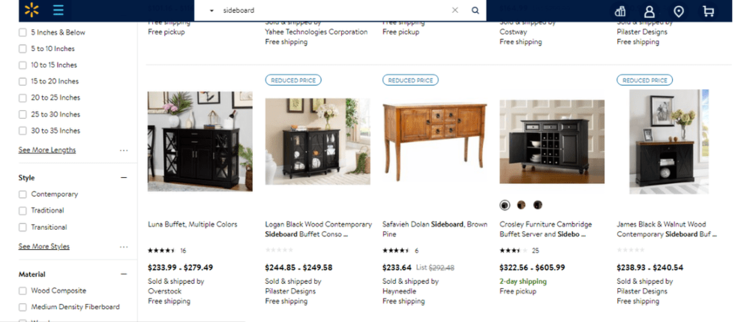 Screengrab of Walmart.com displaying furnitures.